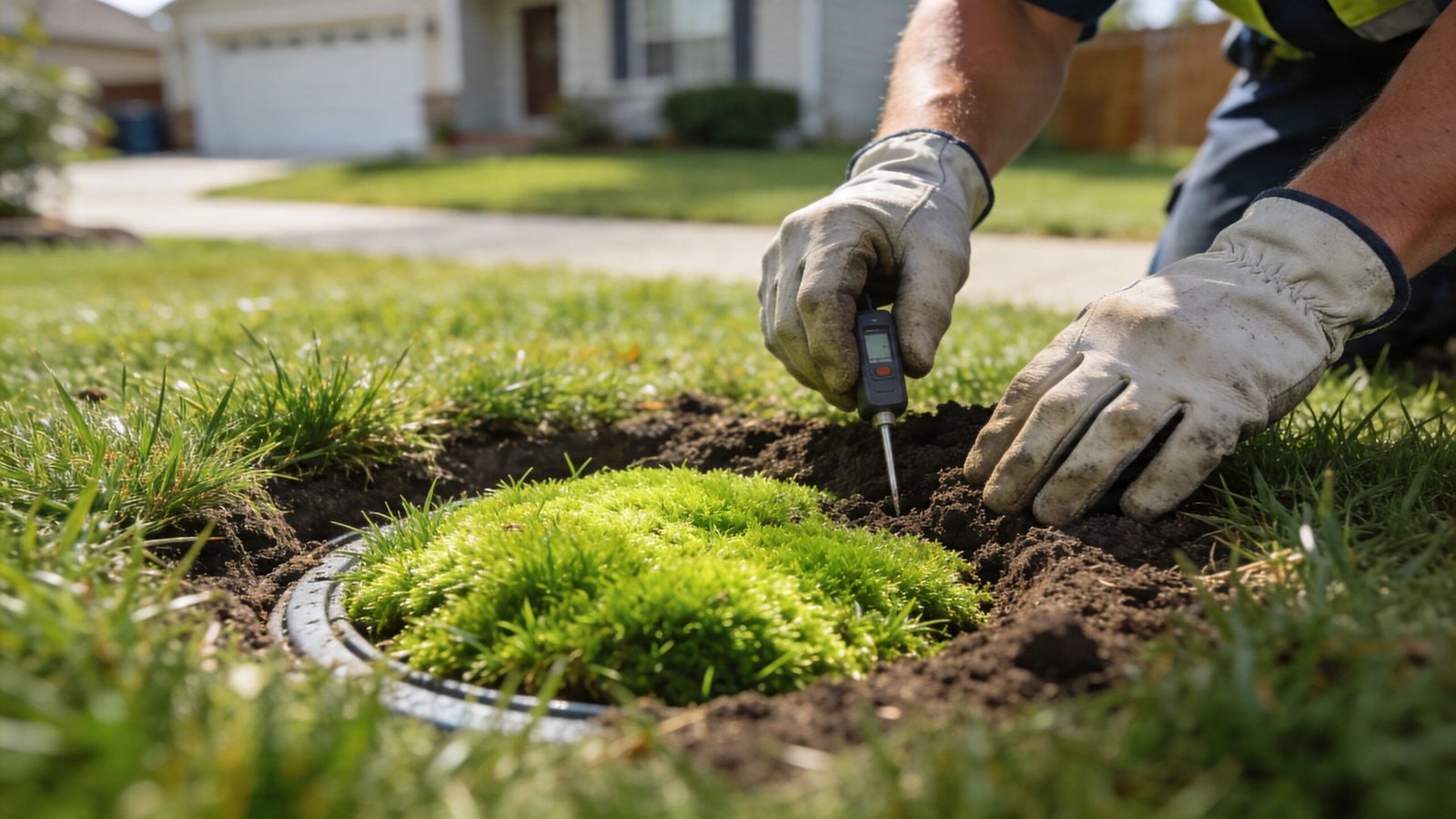 A professional technician testing the soil near an aerobic septic tank access port in a residential lawn.