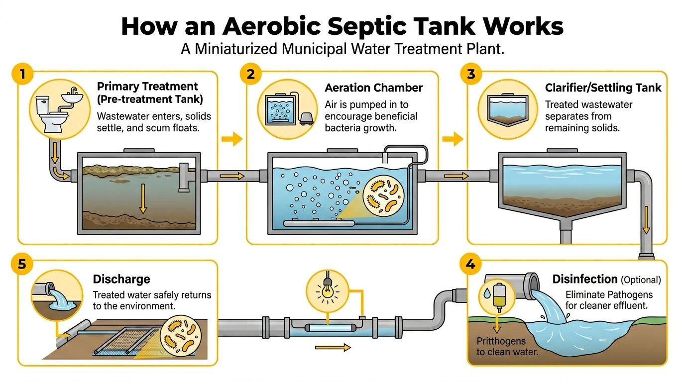 A diagram illustrating the five stages of an aerobic septic tank wastewater treatment process for homes.