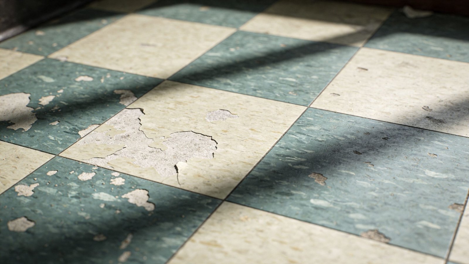A close-up view of old, damaged green and white checkered floor tiles with signs of wear and peeling.
