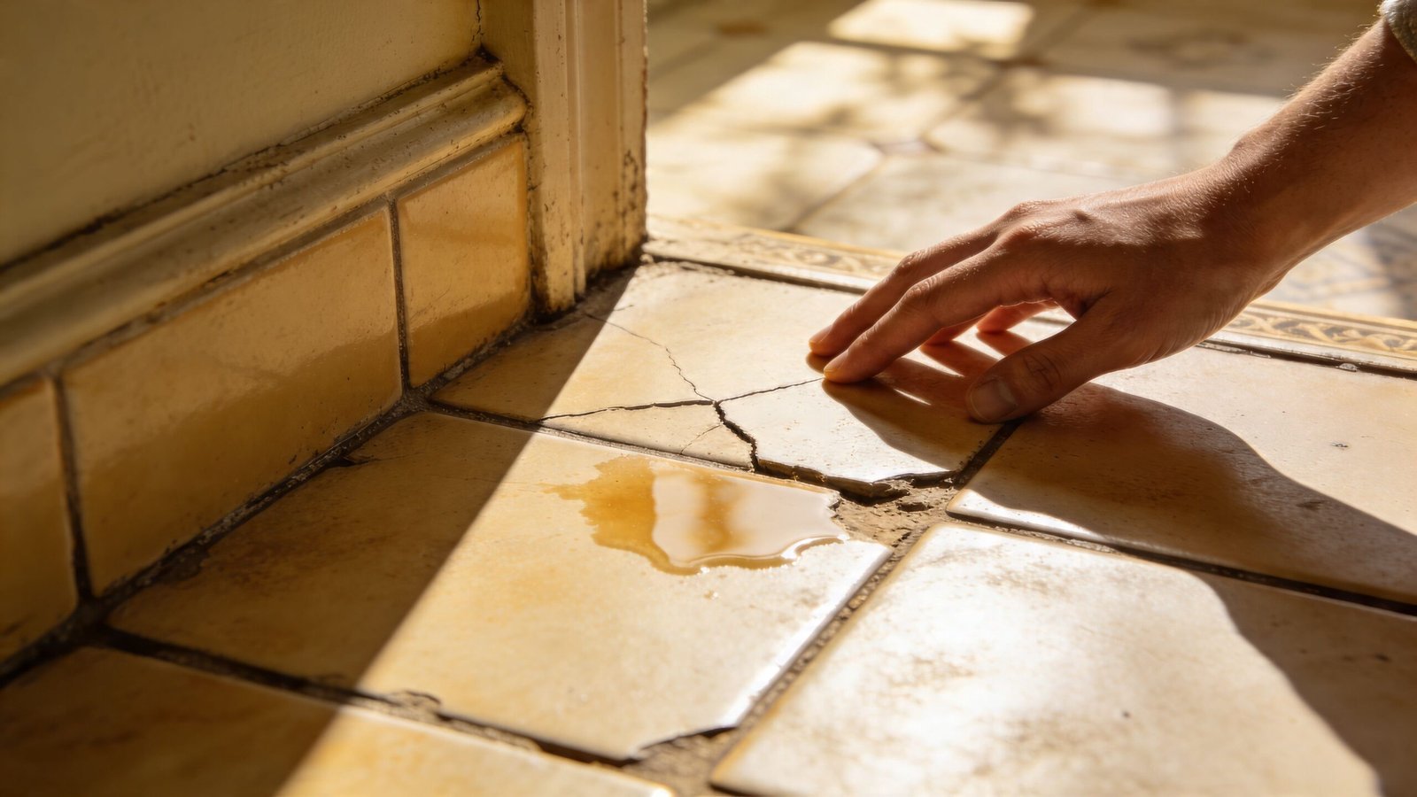 A hand touches a cracked, damaged yellow tile on a floor with a small puddle of water.
