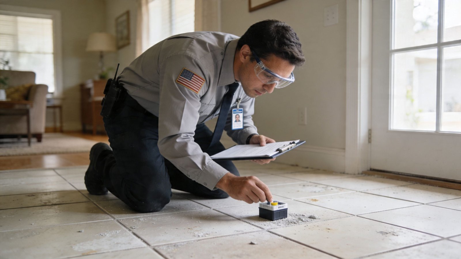 A professional inspector wearing protective gear carefully tests floor tiles for potential asbestos contamination in a home.