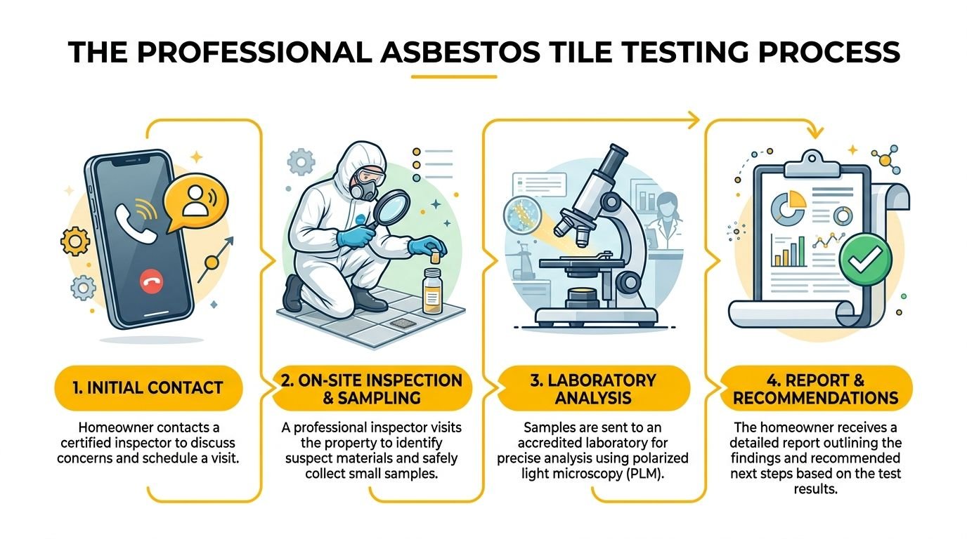 An infographic detailing the four steps of the professional asbestos tile testing process for homeowners.