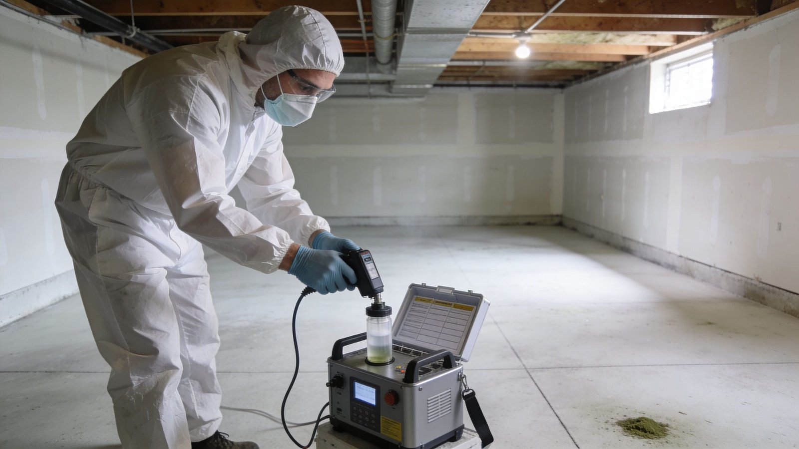 A professional in protective gear uses air testing equipment to inspect a basement for mold growth.