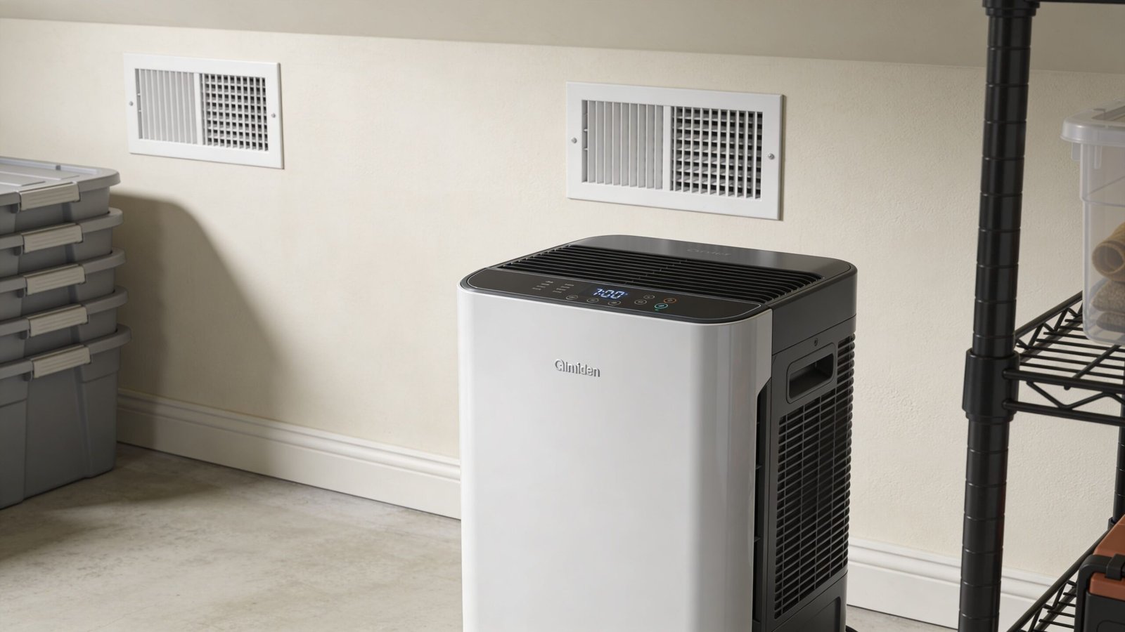 A portable dehumidifier operating in a basement, helping with moisture control and basement mold removal efforts.