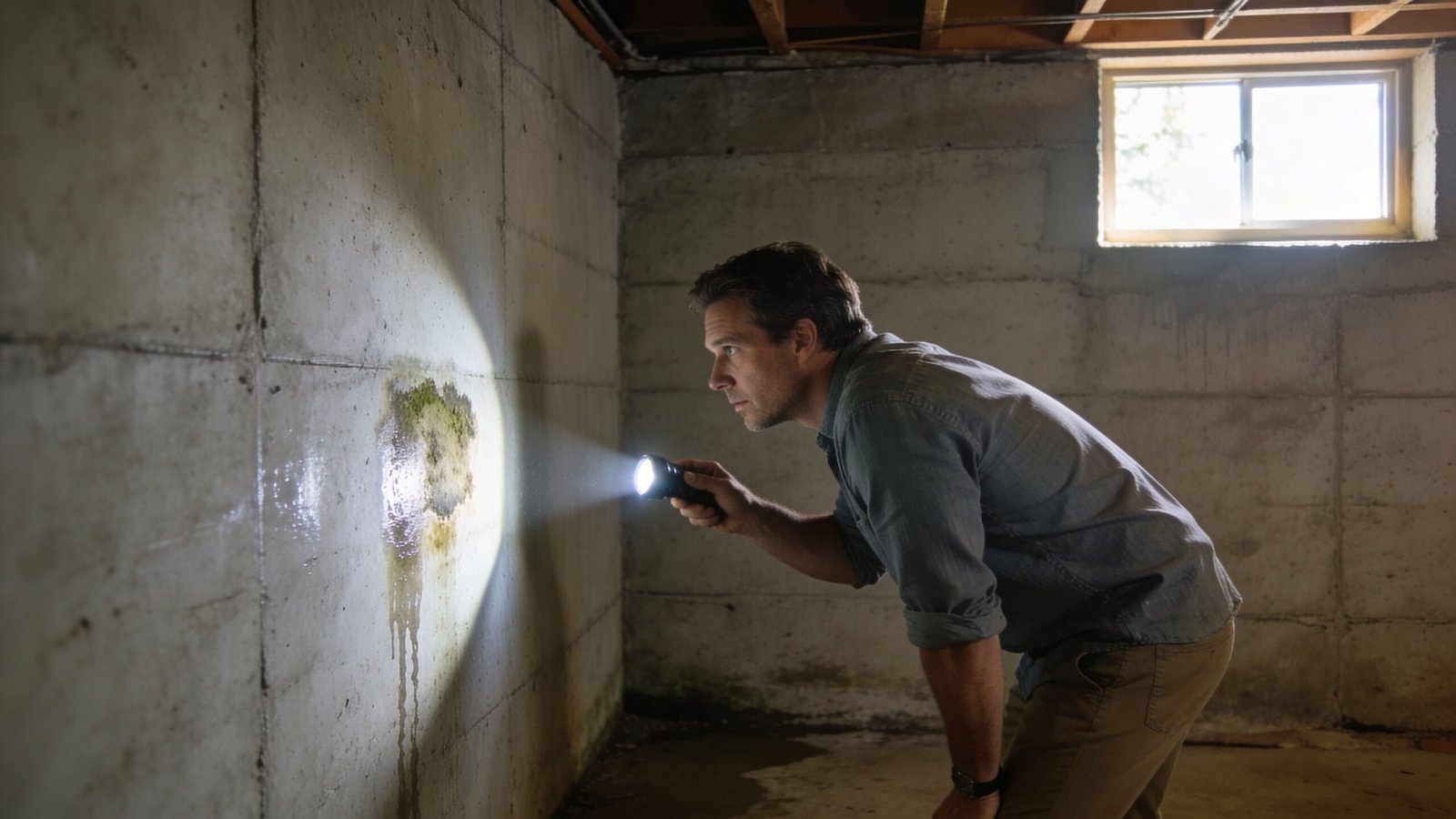 A man inspecting damp mold growth on a concrete basement wall using a flashlight for visibility.