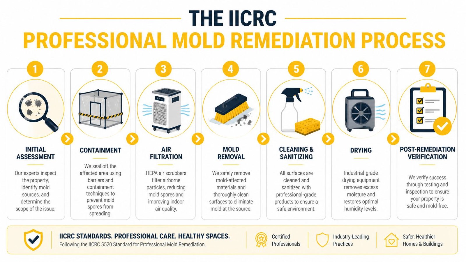 A professional infographic outlining the seven steps of the IICRC mold remediation process for safer, healthier homes.