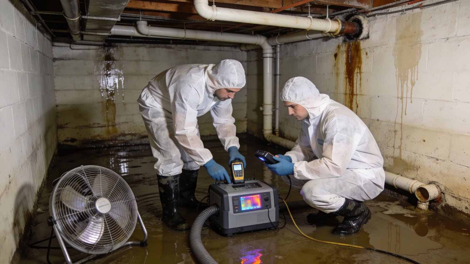 Two professionals in protective suits use moisture detection equipment to inspect a flooded basement crawl space.