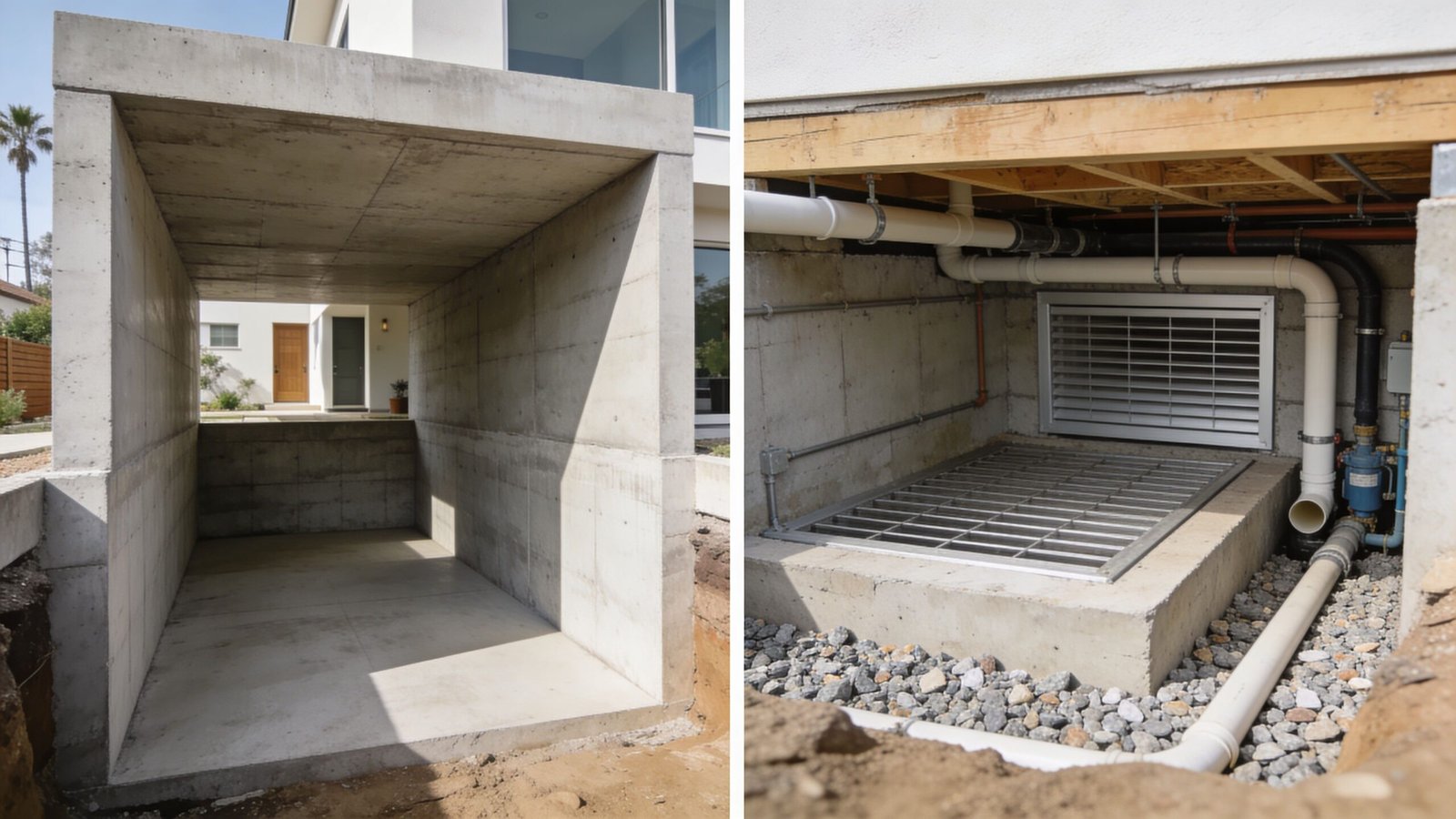 Construction site showing a concrete foundation structure next to plumbing and crawl space basement drainage systems.