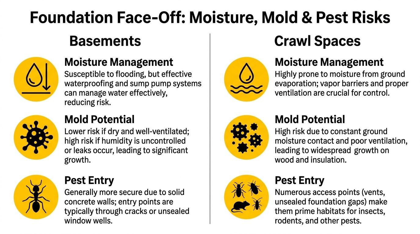 A comparison chart outlining moisture, mold, and pest risks between residential basements and crawl spaces.