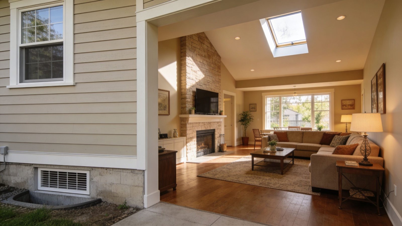 An interior living room with a stone fireplace, large sectional sofa, and natural light from a skylight.