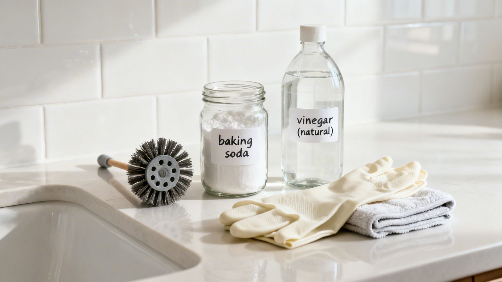 Natural cleaning supplies: baking soda, vinegar, brush, gloves, and cloth on a kitchen counter next to a sink.