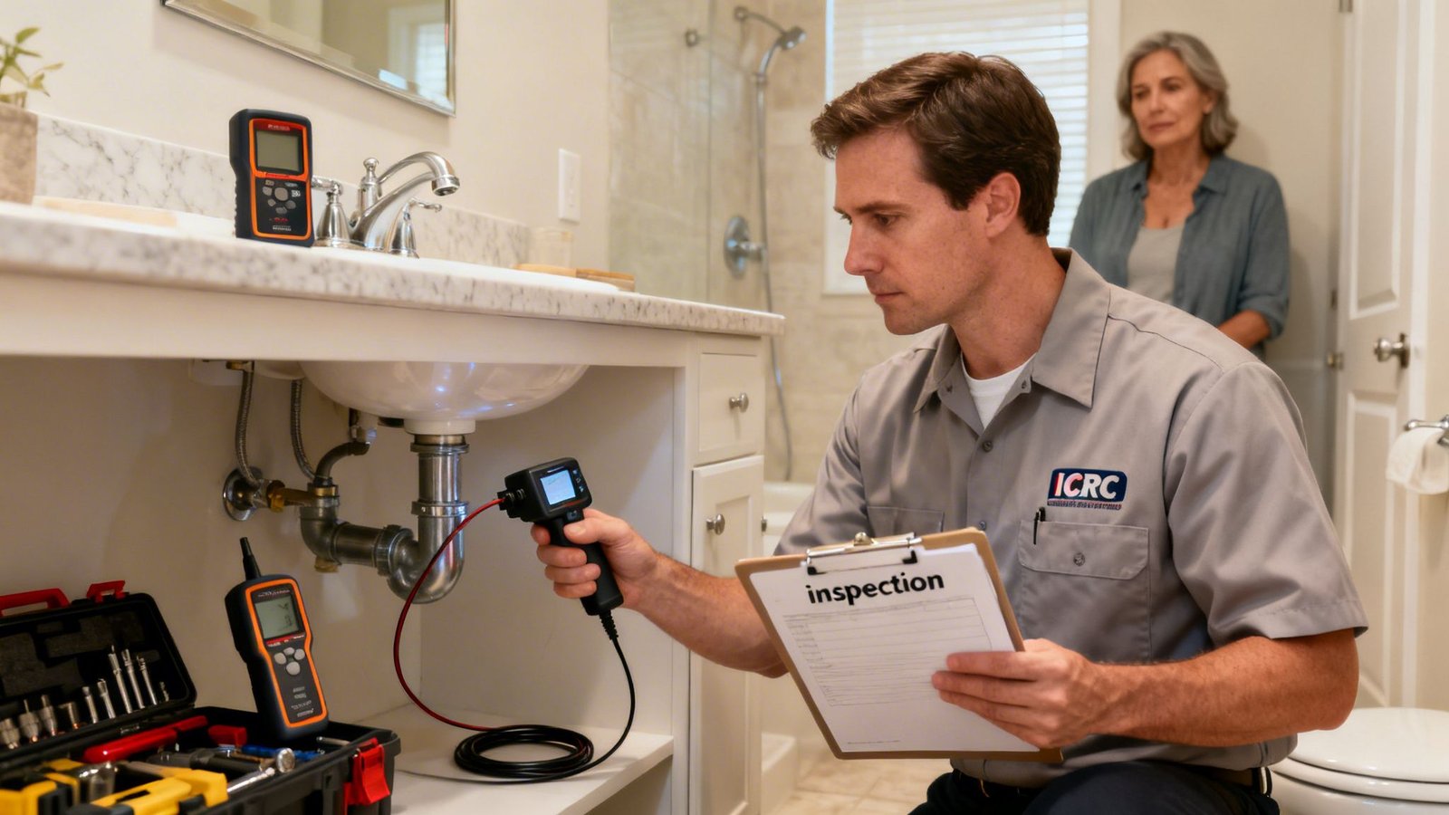 Professional technician inspecting bathroom sink plumbing with a camera, while a woman observes.