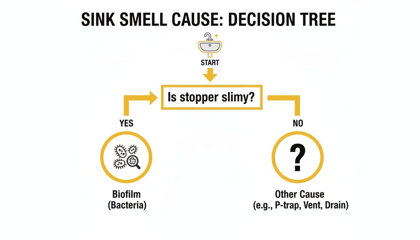 Decision tree diagram illustrating sink smell causes: a slimy stopper indicates biofilm, otherwise other plumbing issues.