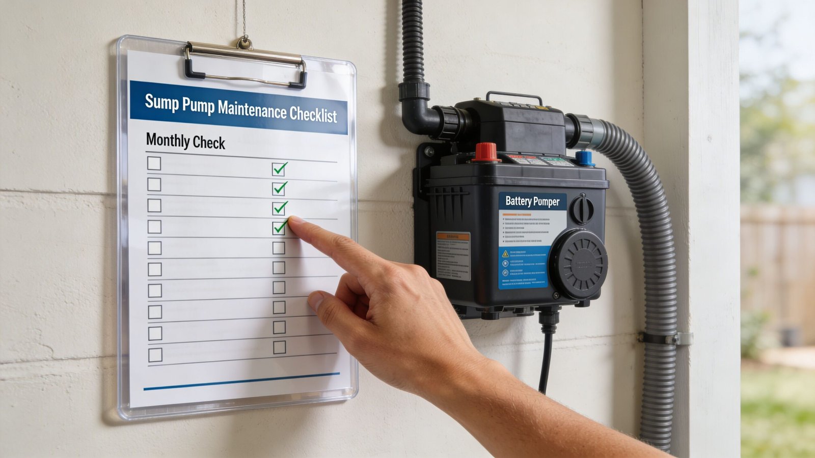 A hand pointing to a sump pump maintenance checklist next to a battery operated sump pump.