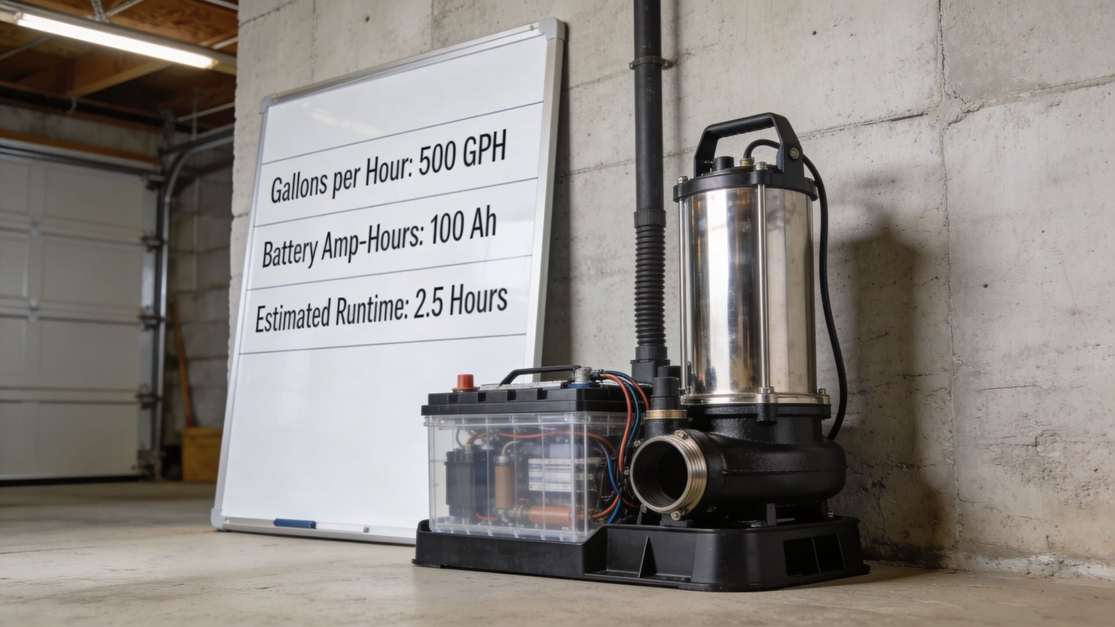 A battery operated sump pump with a whiteboard showing specifications sitting on a concrete garage floor.