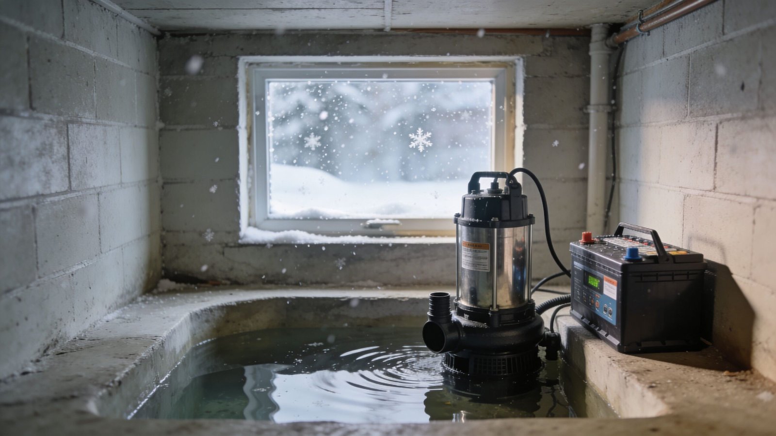 A battery operated sump pump sitting inside a basement pit during a snowy winter day.