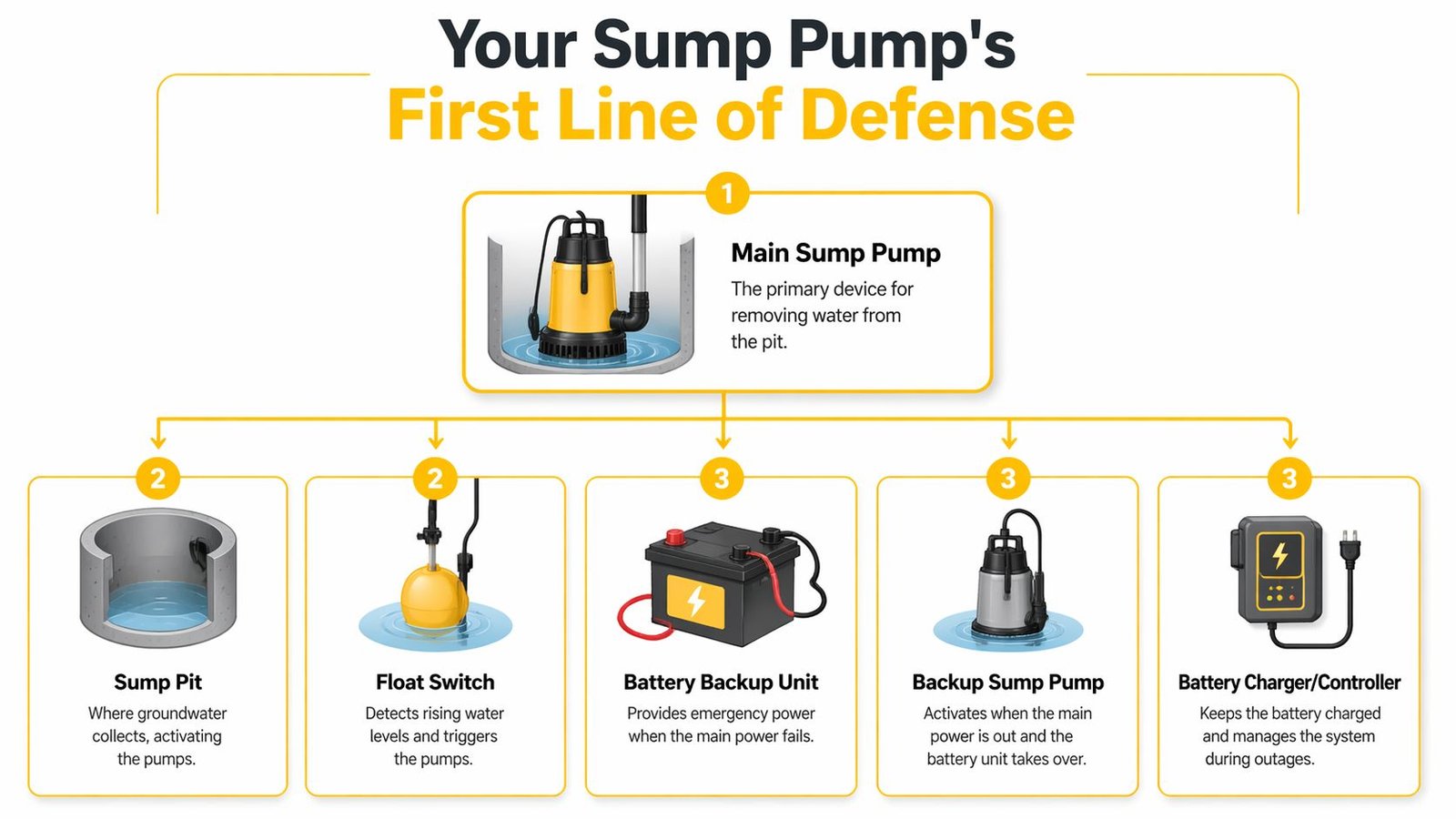 A diagram illustrating the components of a sump pump system, including the main pump and battery backup.