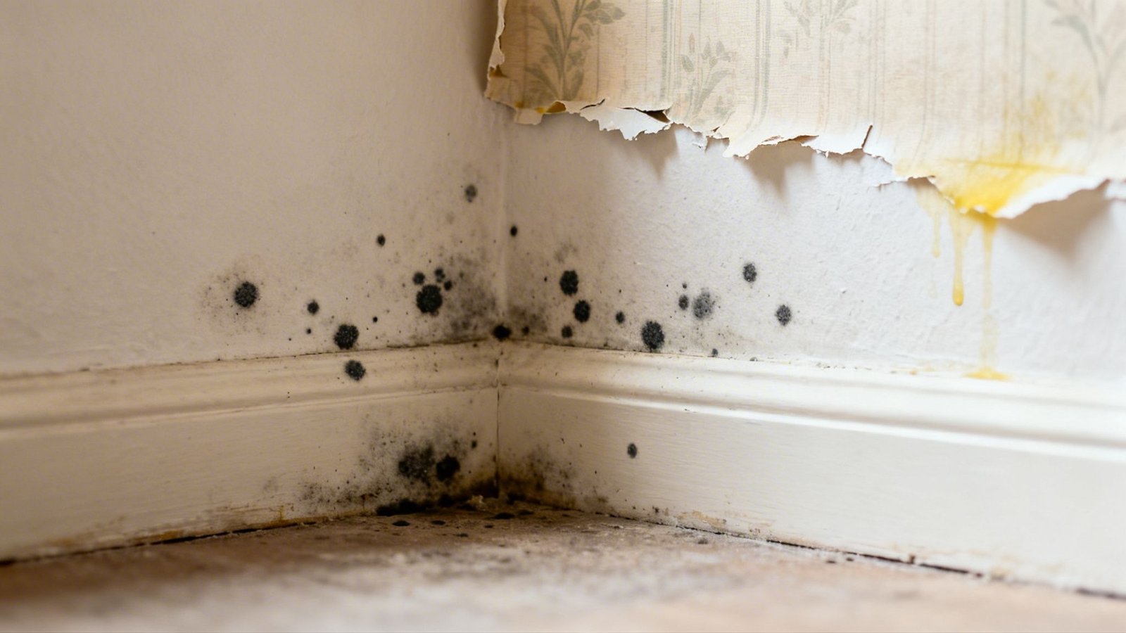 Severe black mold and water damage visible in a house corner with peeling wallpaper.