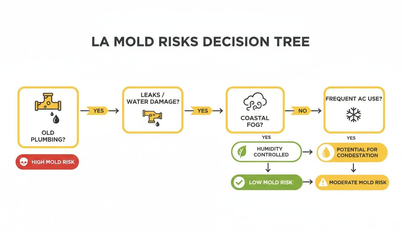A decision tree flowchart illustrating mold risks in LA based on plumbing, leaks, coastal fog, and AC use.