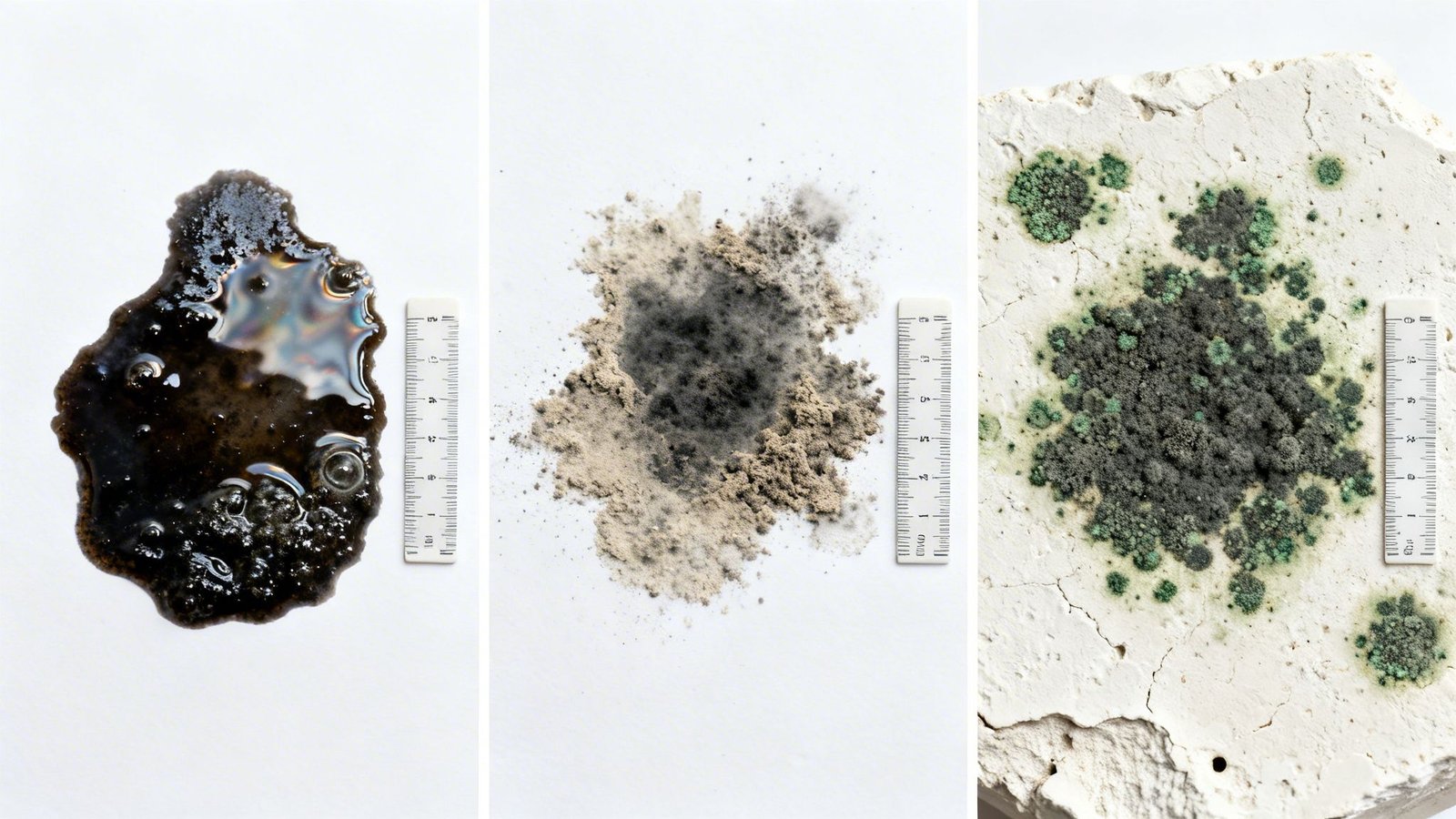 Three panels depict different types of mold: black liquid, dusty, and green/black on a cracked surface, with rulers.