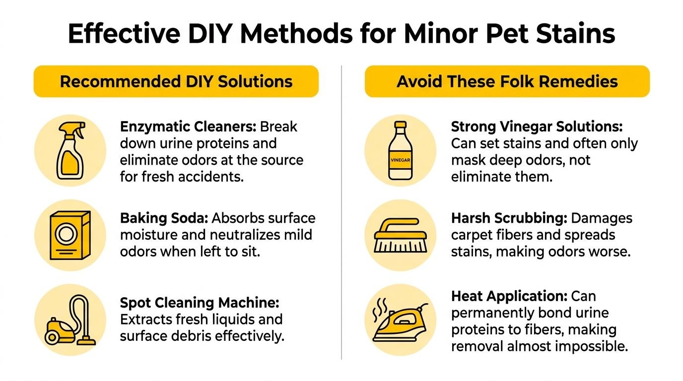 A helpful infographic comparing recommended DIY cleaning solutions for pet stains versus folk remedies to avoid.