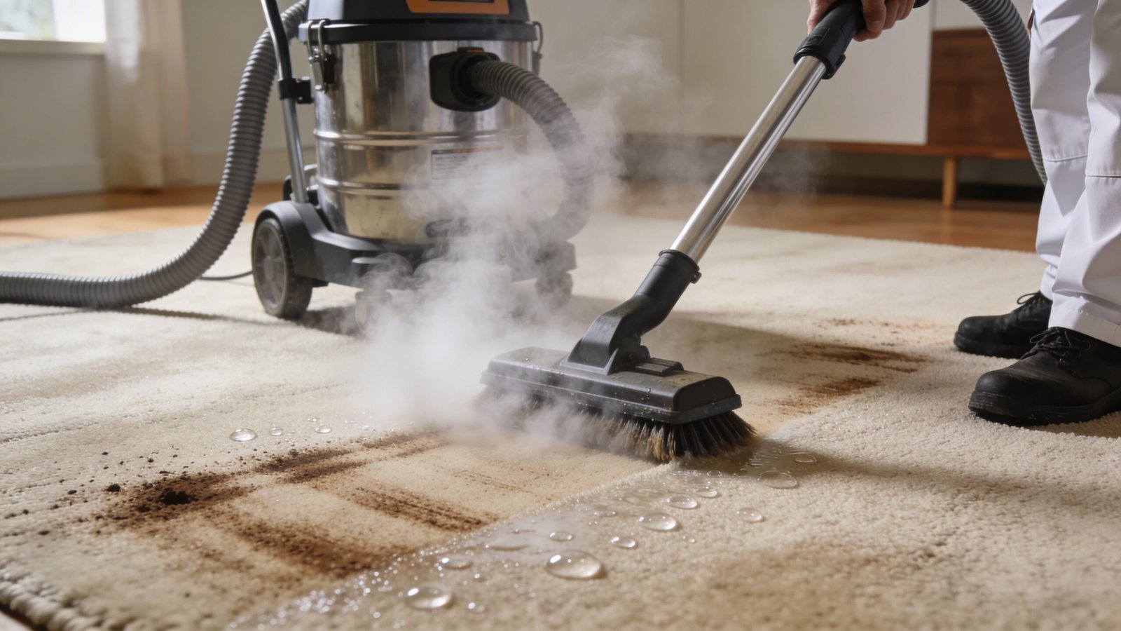 A professional steam cleaner removing stains and pet odors from a beige carpet in a residential home.