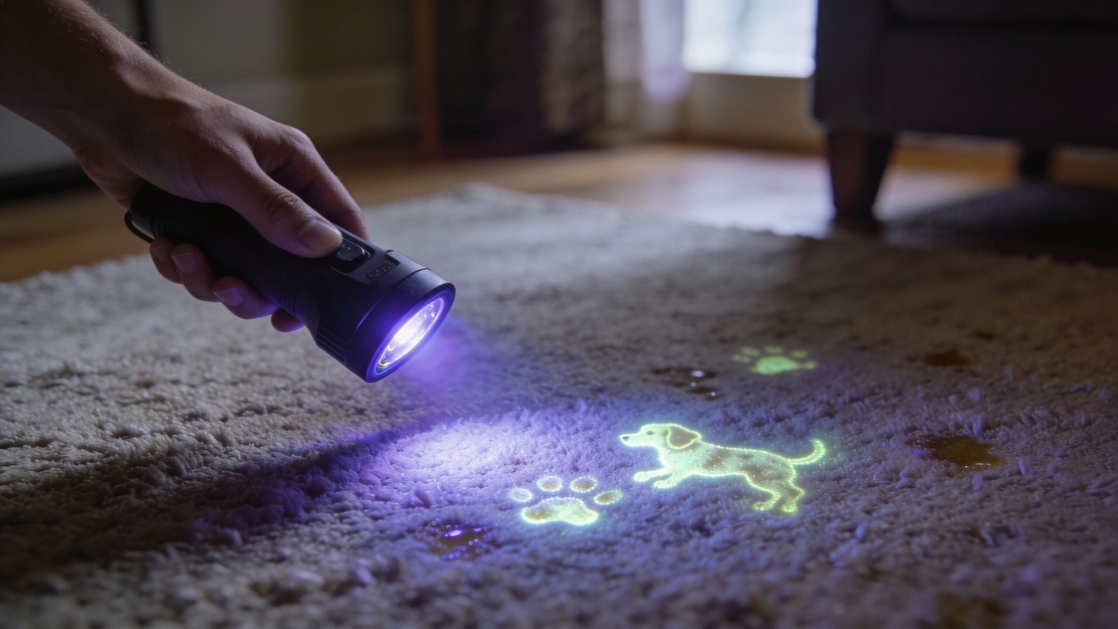 A hand holds a UV flashlight over a carpet, revealing glowing pet accident stains and paw prints.