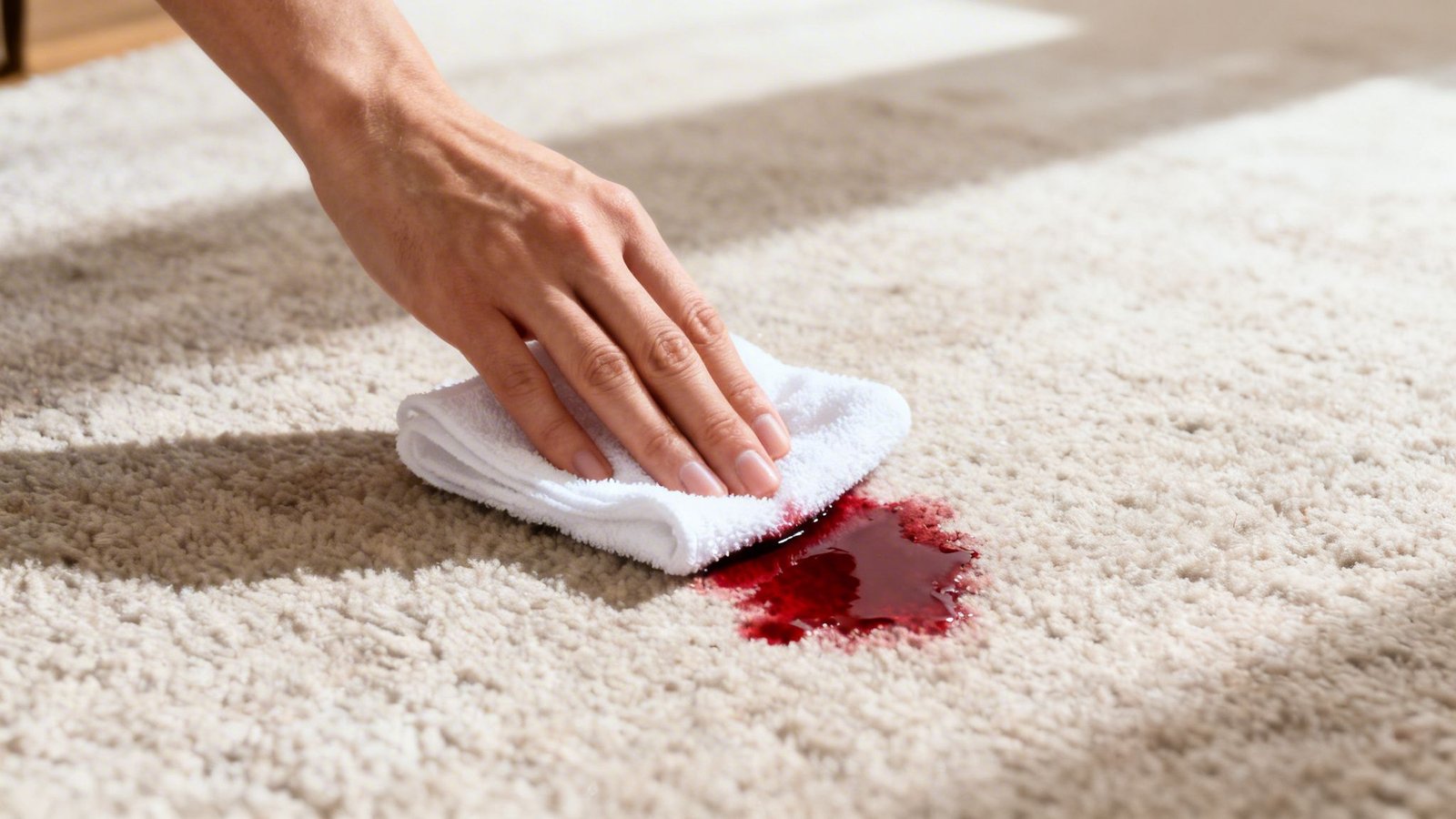 A person uses a clean white cloth to blot a red wine stain on a carpet.
