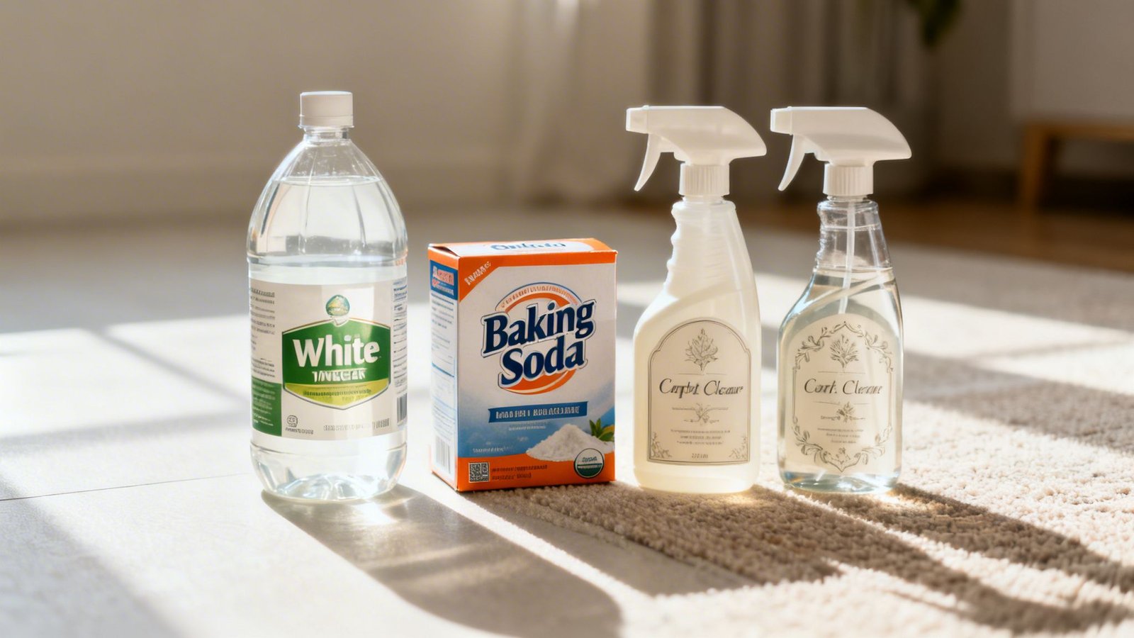 Household cleaning supplies including vinegar, baking soda, and carpet cleaner bottles sitting on a carpeted floor.