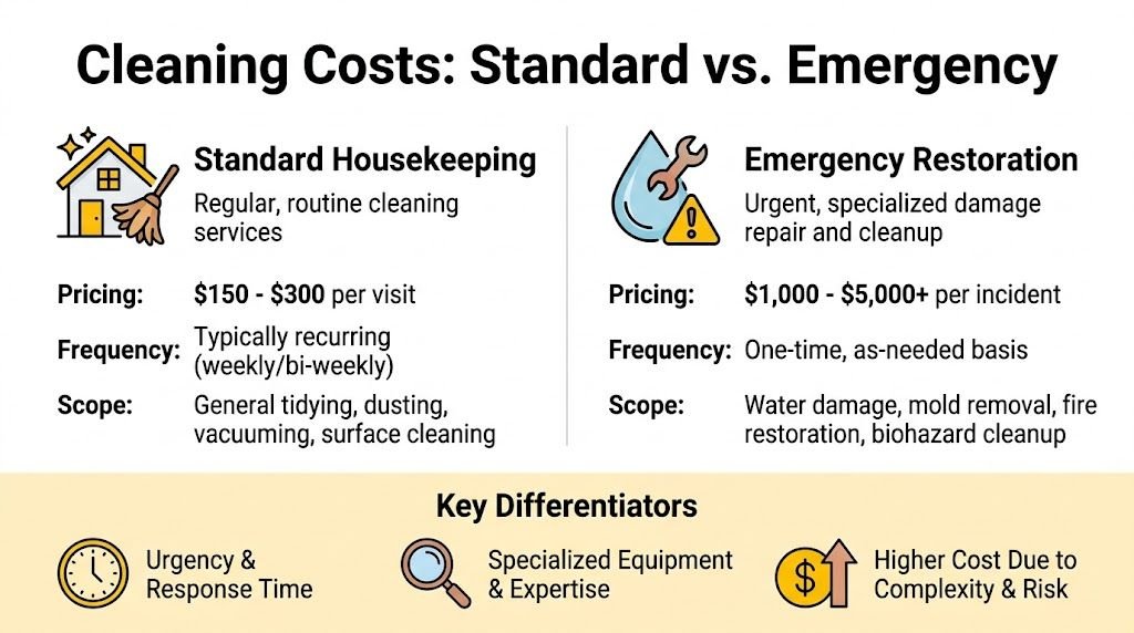 A comparison chart outlining the differences between standard housekeeping and emergency restoration services, including costs and scope.