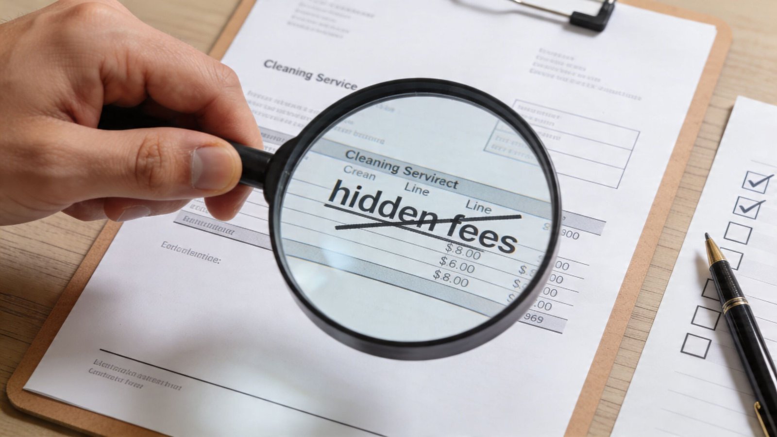 A magnifying glass placed over a cleaning service document with the words hidden fees crossed out.