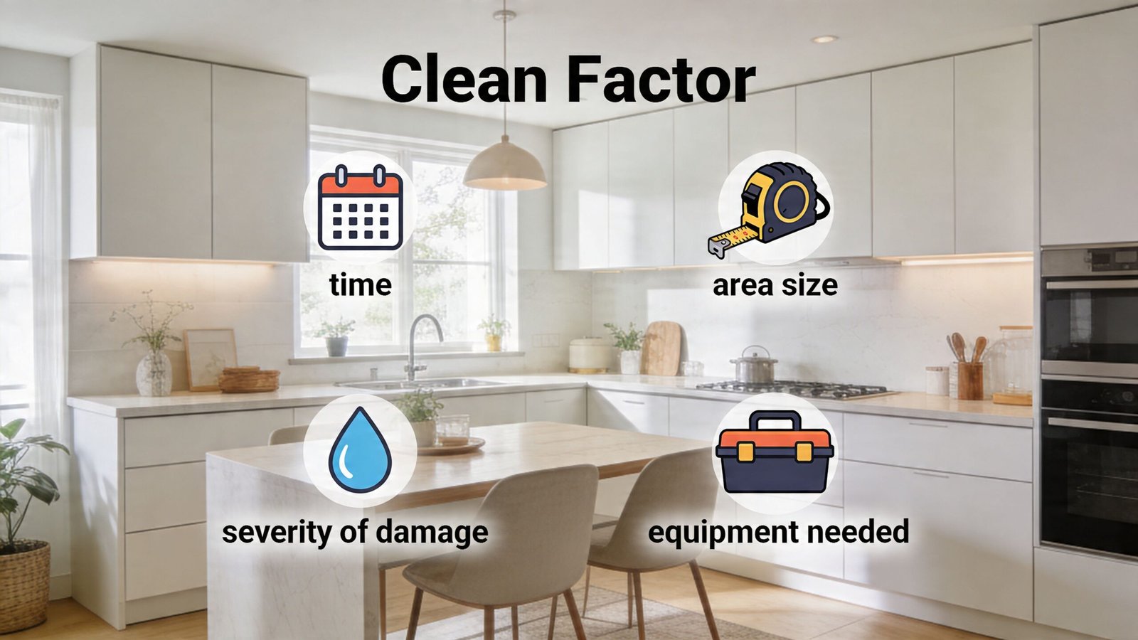 A clean kitchen interior with an overlay showing factors that affect cleaning services cost including time, area size, severity of damage, and equipment needed.