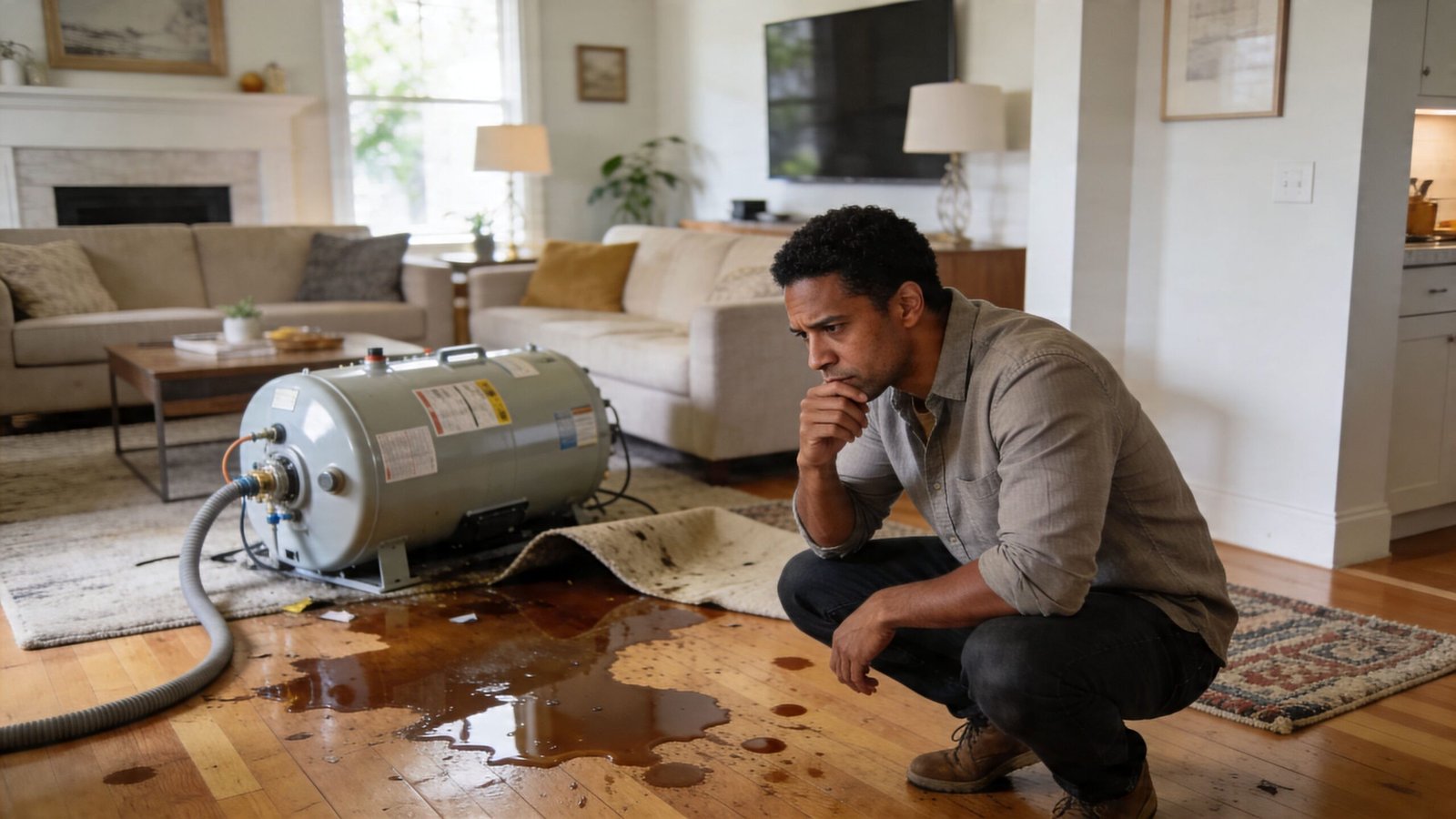 A concerned man crouches on the floor next to a leaking water heater in his living room.