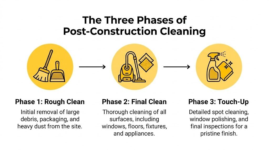 An infographic showing the three phases of post-construction cleaning including rough clean, final clean, and touch-up.