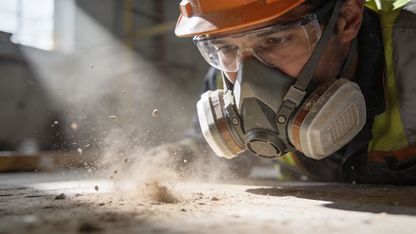 A construction worker wearing a respirator mask and hard hat inspects dusty debris on a building site.