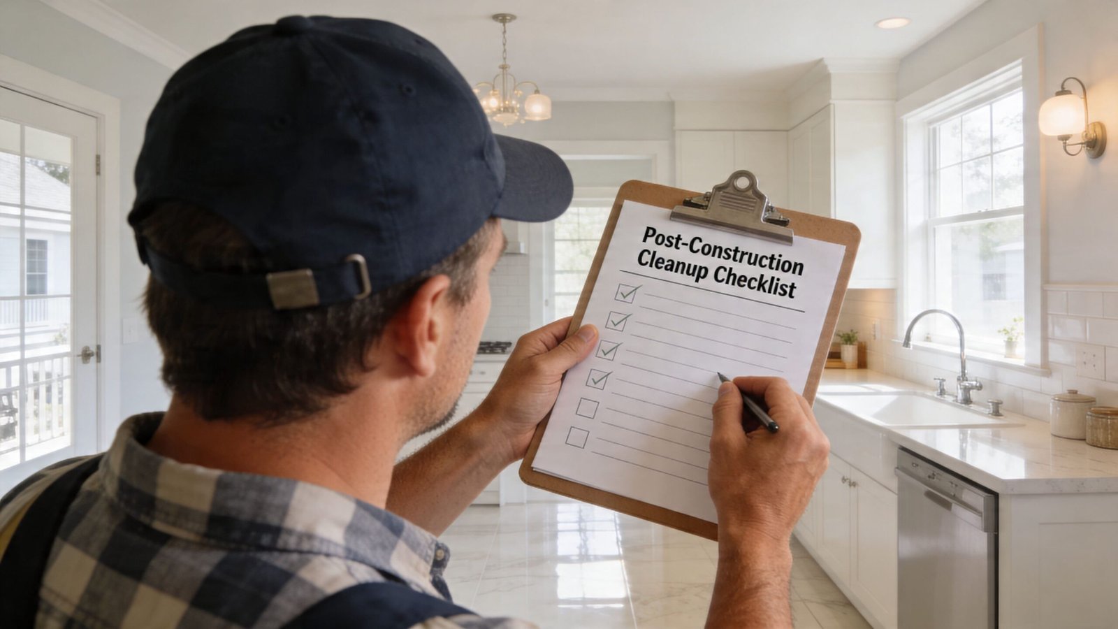 A professional construction worker holds a clipboard with a post-construction cleanup checklist in a renovated kitchen.