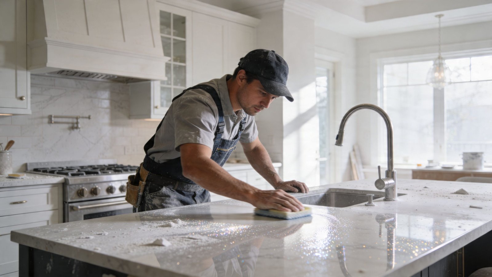 A professional construction worker cleaning a white marble kitchen island countertop with a sponge after renovation work.