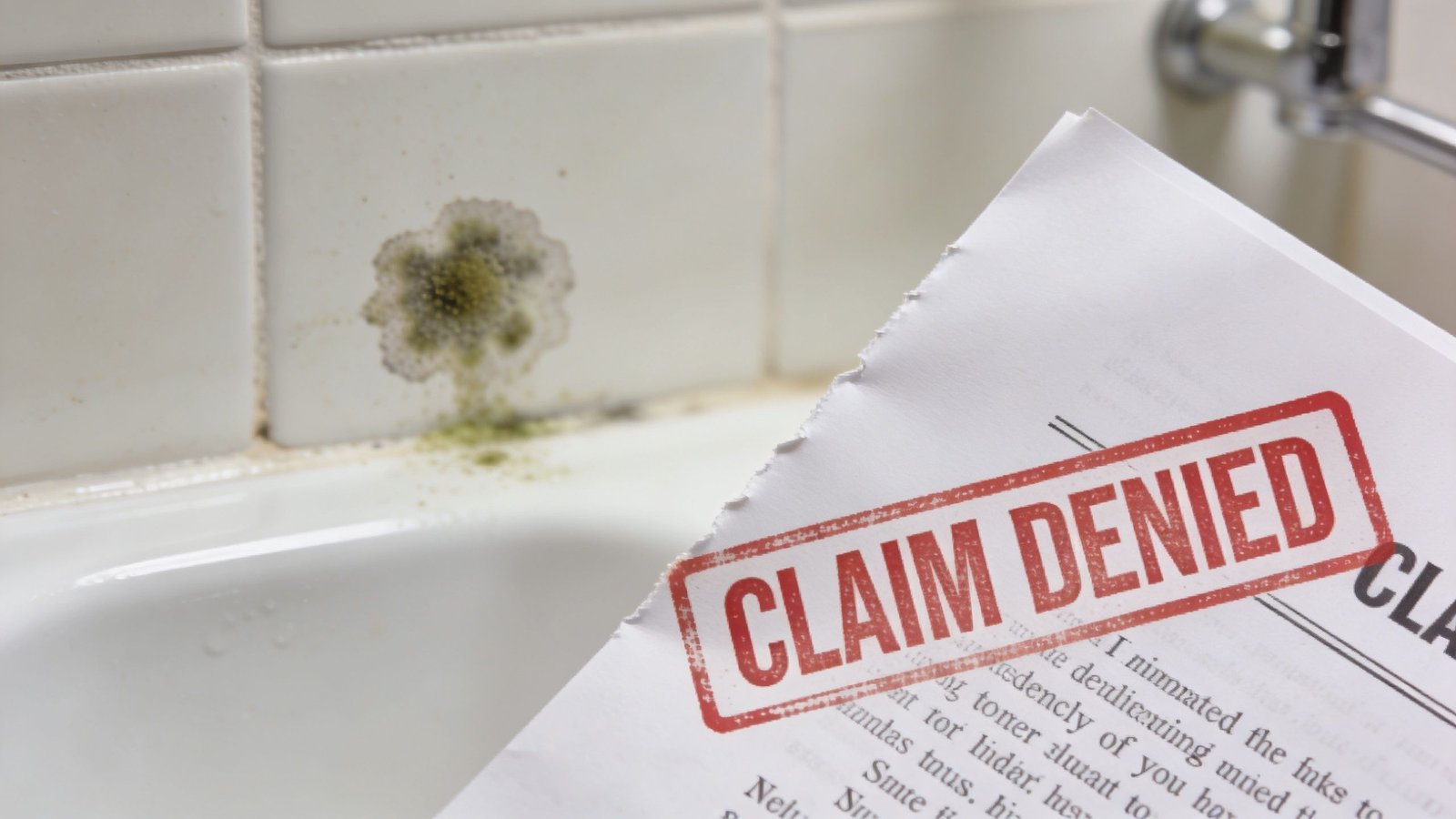 A claim denied insurance document held over a bathroom tiled wall covered in patches of black mold.