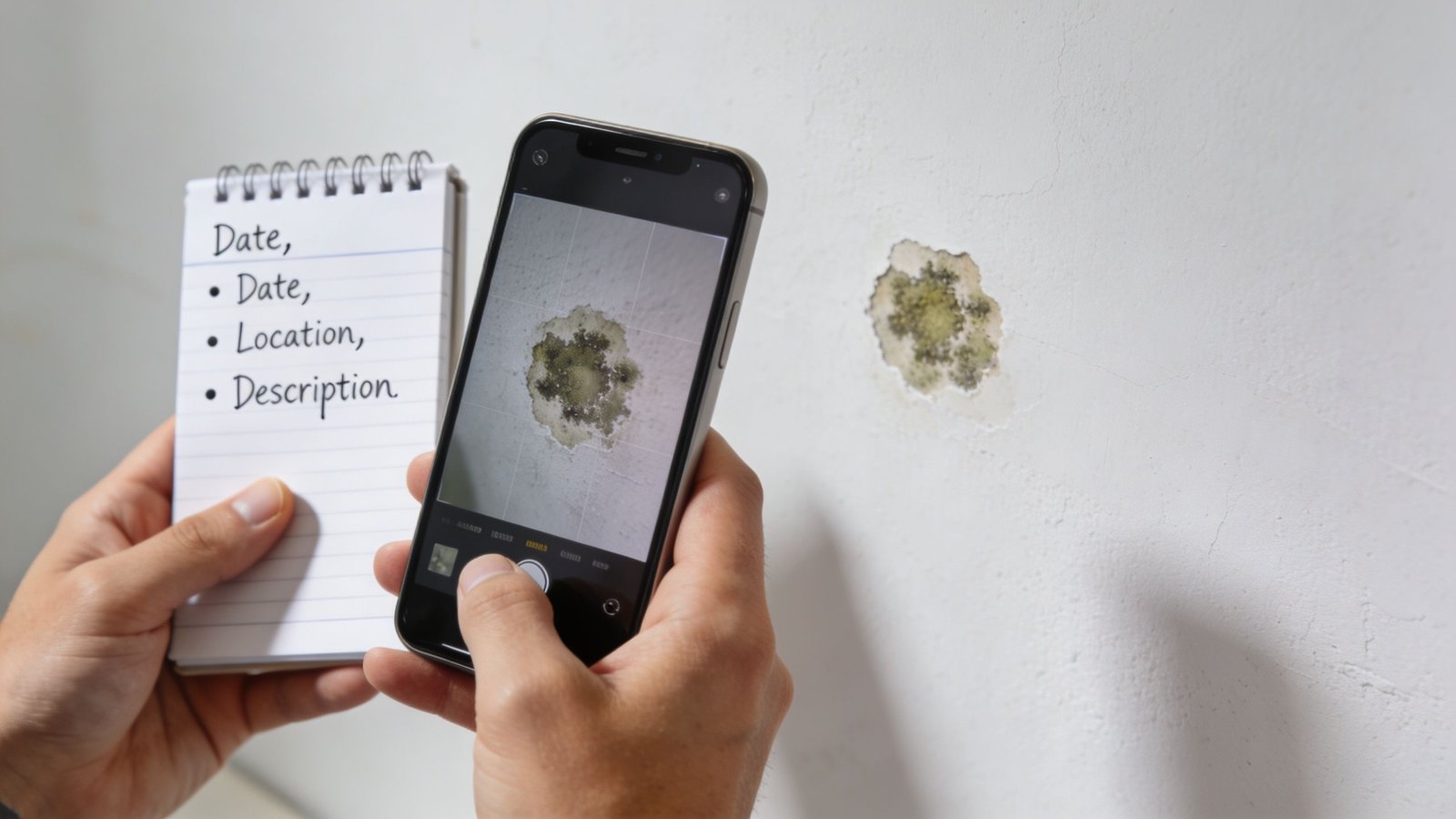 A person documenting mold growth on a white wall by taking a photograph with their smartphone.