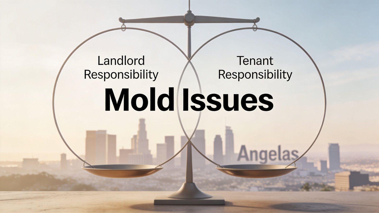 A weighing scale graphic representing the balance of legal responsibilities for mold issues between landlords and tenants.