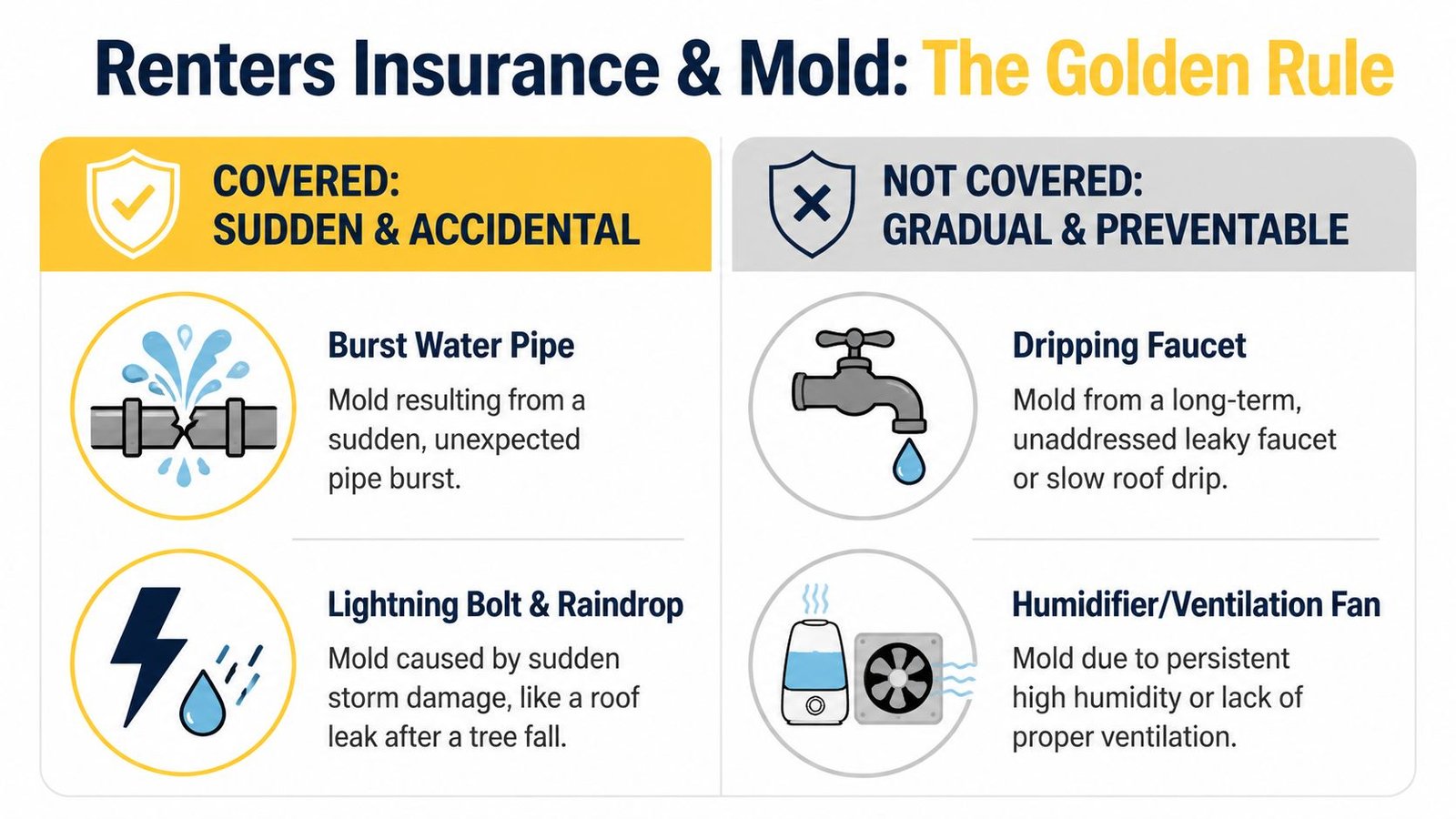 A graphic explaining when renters insurance covers mold damage based on whether causes are sudden or gradual.