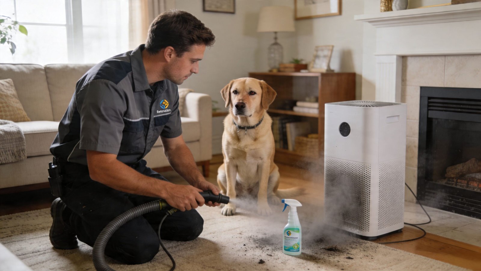 A professional technician uses specialized equipment to remove pet odors while a dog watches near an air purifier.