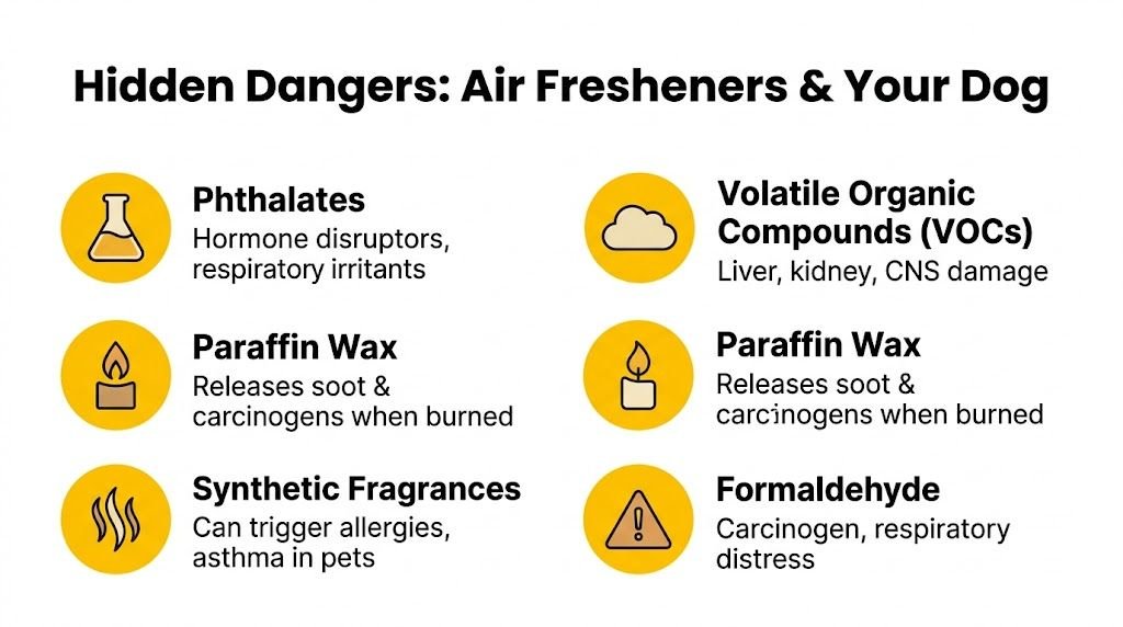 An infographic listing toxic chemicals in air fresheners that pose health risks to pet dogs.