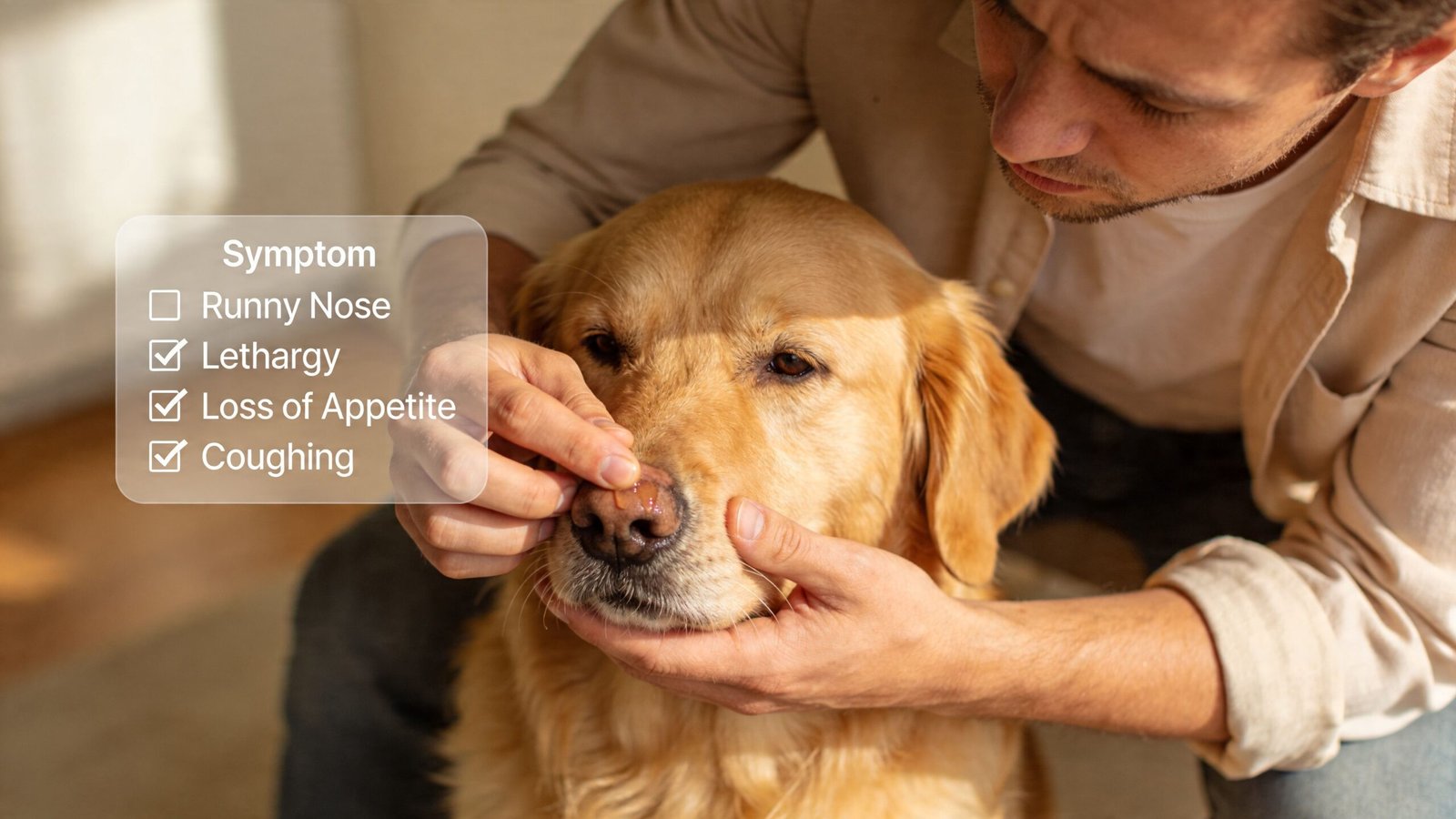 A concerned owner examining their golden retriever dog's nose while displaying a symptom checklist for potential illness.