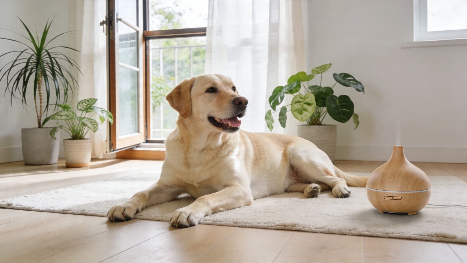 A happy yellow Labrador retriever resting on a soft rug next to a modern wood-grain essential oil diffuser.