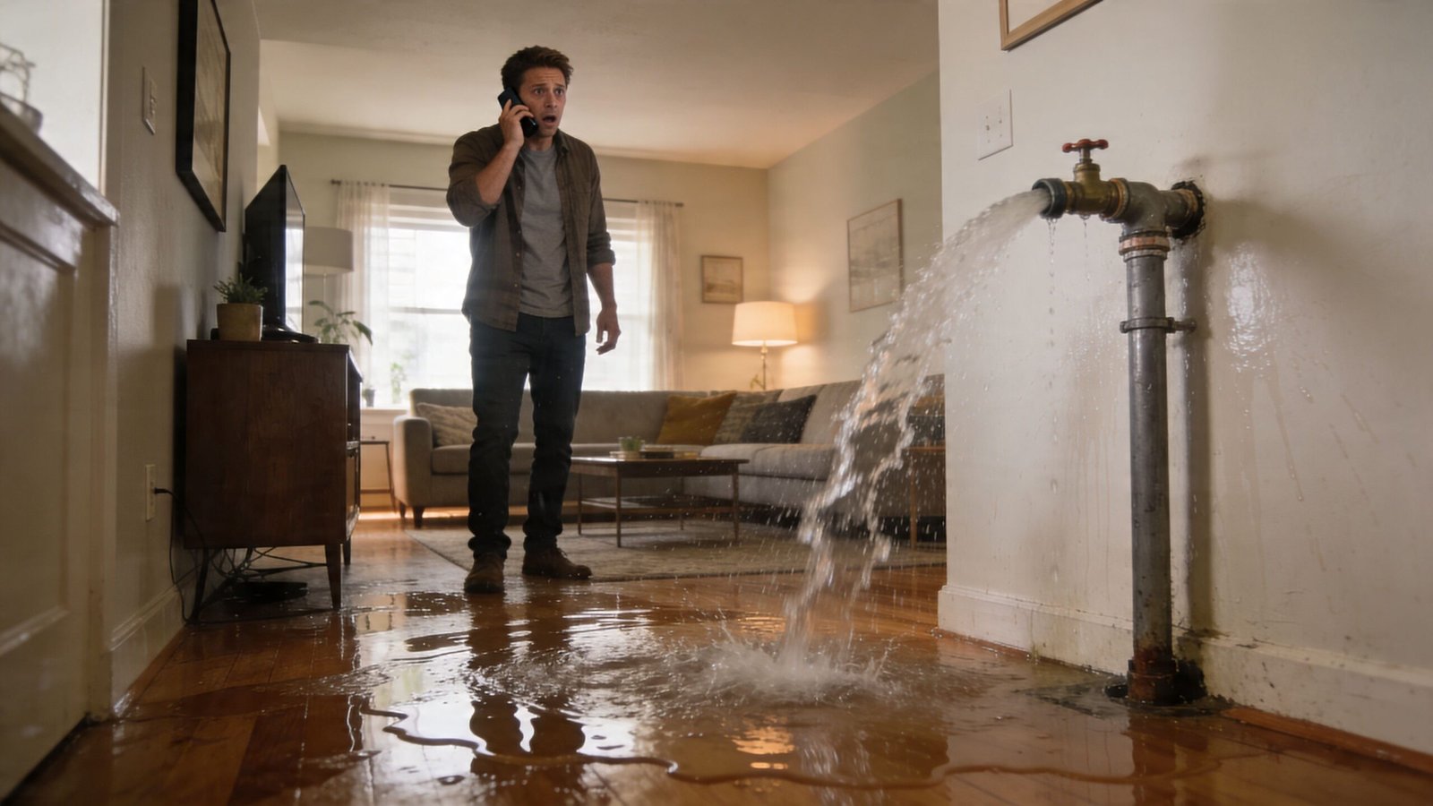 A concerned man talks on his phone as water bursts from a pipe into his living room.