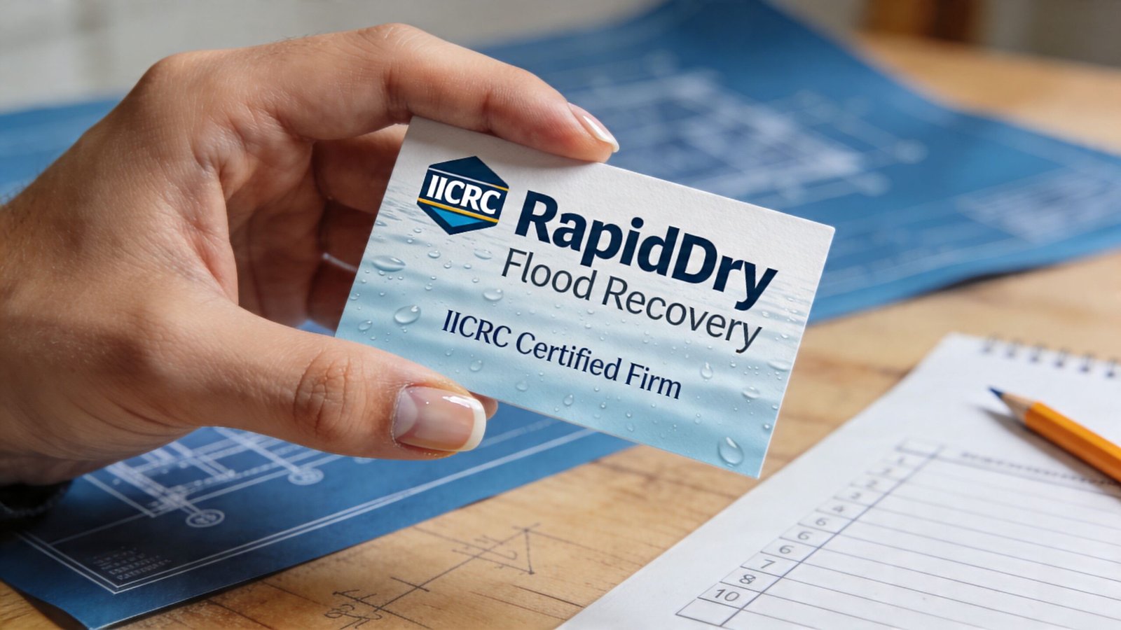 A hand holds a professional business card for RapidDry Flood Recovery, an IICRC certified flood cleanup company.