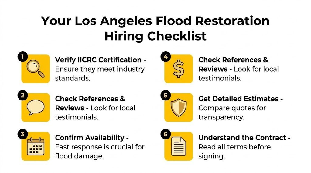A checklist for hiring professional flood cleanup companies in Los Angeles, featuring six essential steps.