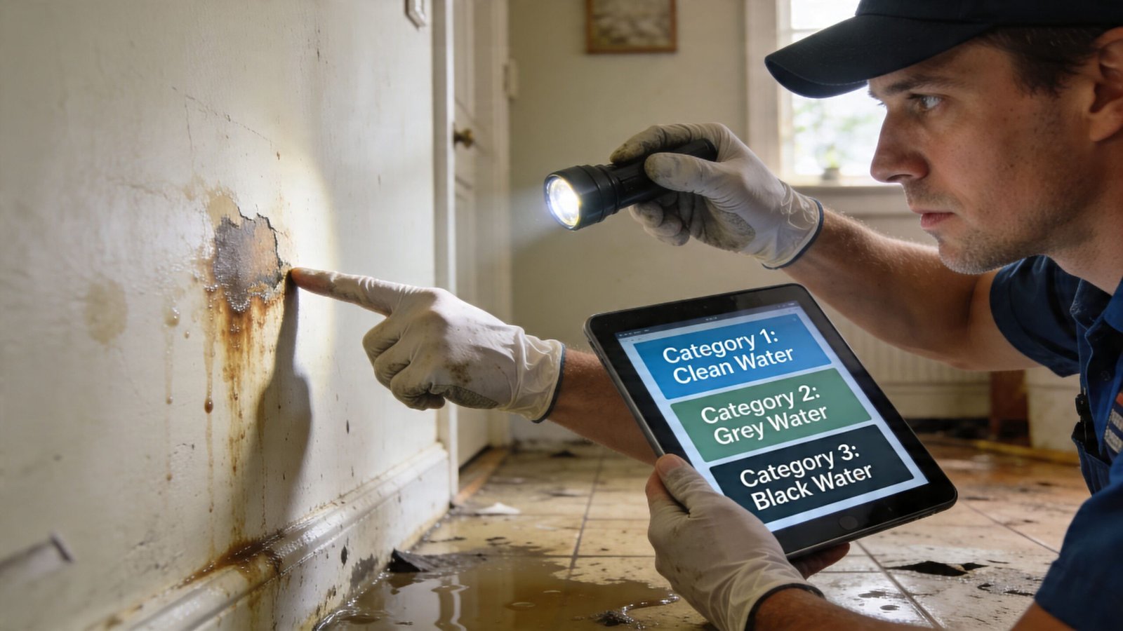 A professional water damage technician inspecting a stained, damaged wall in a flooded room while using a tablet.