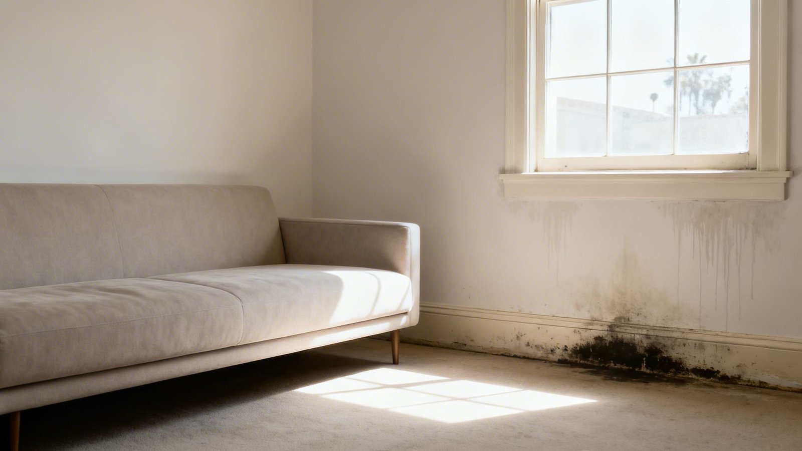 A beige sofa sits in a sunlit room with severe mold and water damage on the wall.